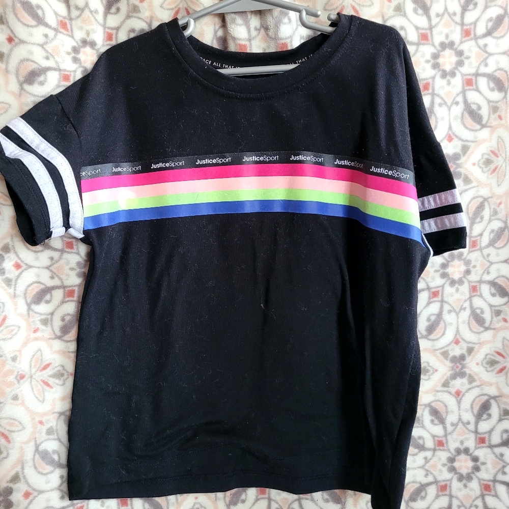 Justice Black Tee with Vibrant Stripes